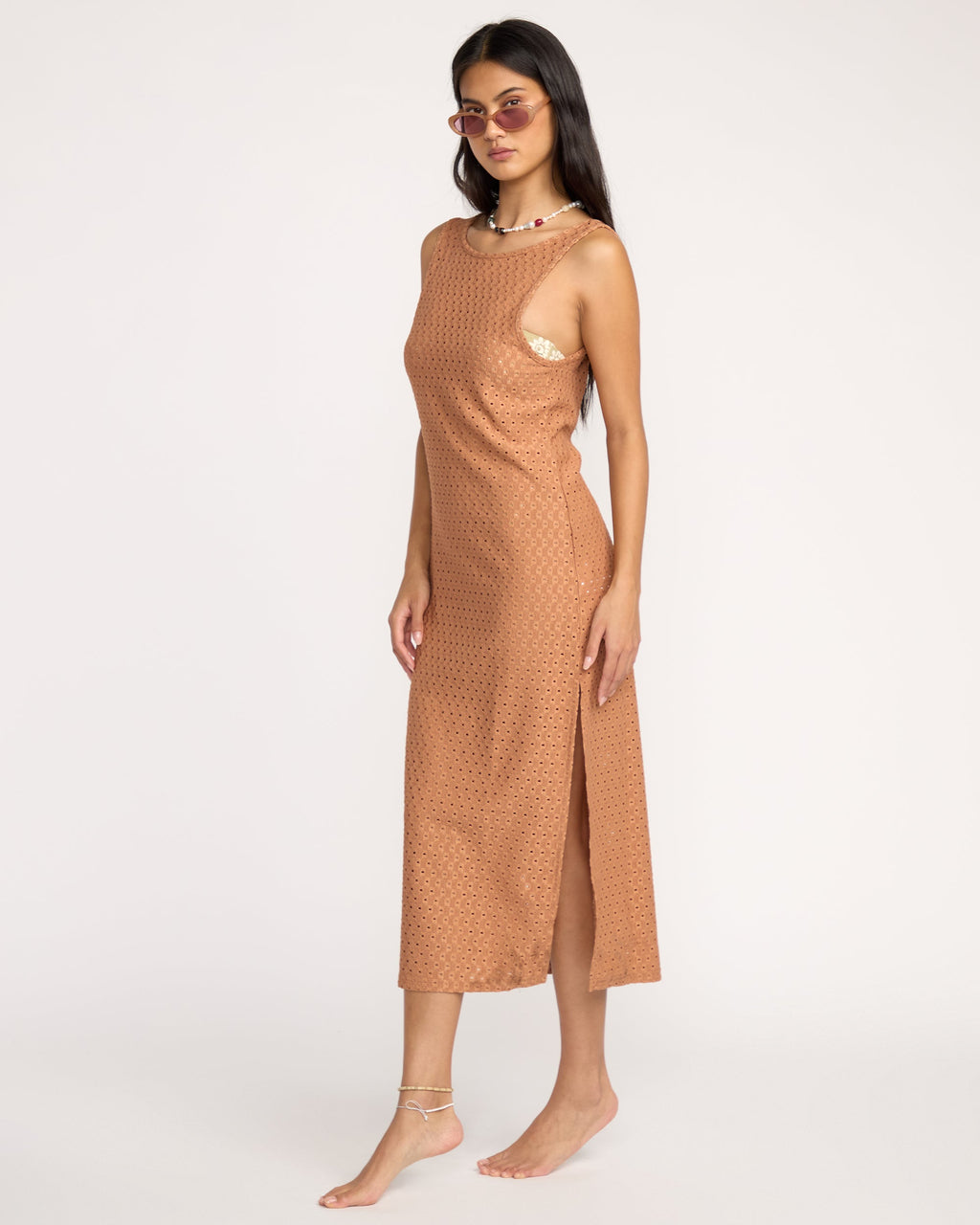 Eyelet Sun Midi Dress Beach Coverup - Rose Brown